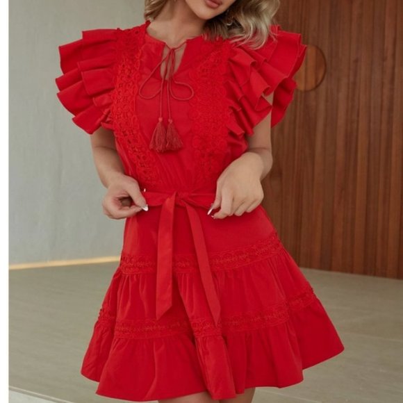 Butterfly Sleeve Lace Panel Tassel Tie Neck Ruffle Hem Belted mini Dress - Picture 6 of 7